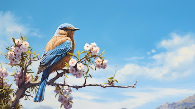 Un pájaro azul sentado en una planta con flores contra el cielo azul