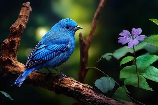 Foto un pájaro azul está sentado en una rama con una flor púrpura en el fondo