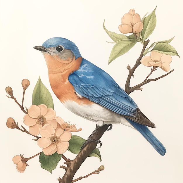 Foto un pájaro azul sentado en una rama con flores chaffinch observando pájaros