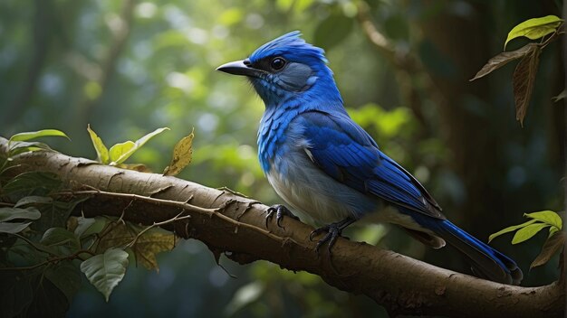 Foto un pájaro azul está sentado en una rama con el sol brillando a través de las hojas