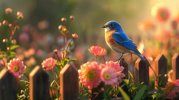 un pájaro azul se sienta en un lecho de flores con flores en el fondo