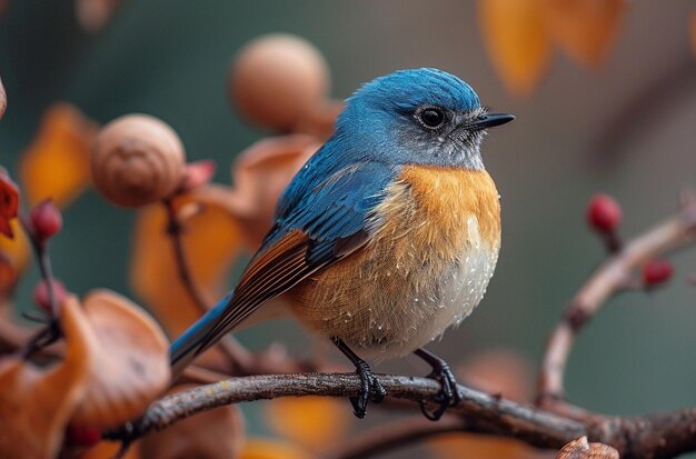 un pájaro azul se sienta en una rama con bayas de naranja