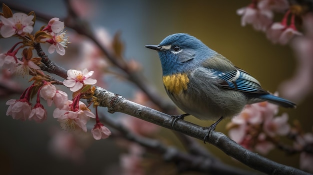 Un pájaro azul se sienta en una rama de un cerezo en flor.