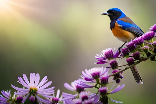 Un pájaro azul se sienta en una rama con flores de color púrpura.