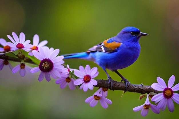 Un pájaro azul se sienta en una rama con flores rosas.