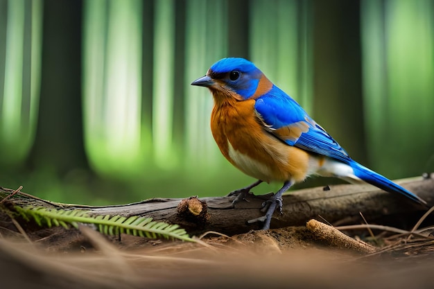 Un pájaro azul se sienta en una rama con un helecho al fondo.