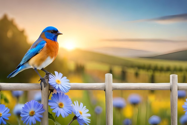 Un pájaro azul se sienta en una valla con flores en el fondo.