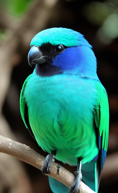 Un pájaro azul y verde con un ojo negro y un ojo negro.