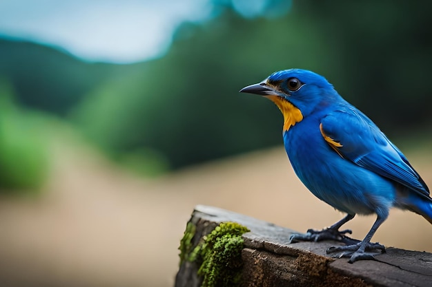 Un pájaro azul con un vientre amarillo se sienta en un tronco.