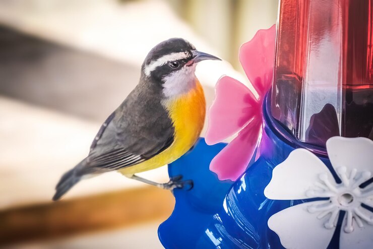Foto el pájaro bananaquit coereba flaveola en un bebedor de colibrí