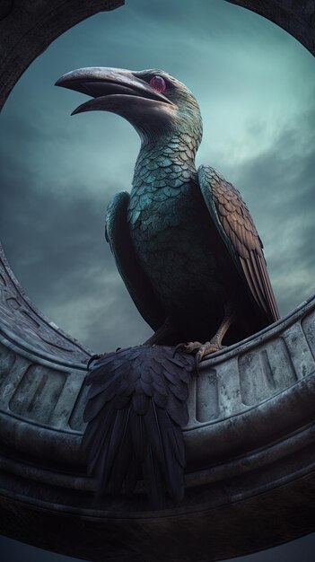 Foto un pájaro en un barco con un cielo oscuro detrás de él