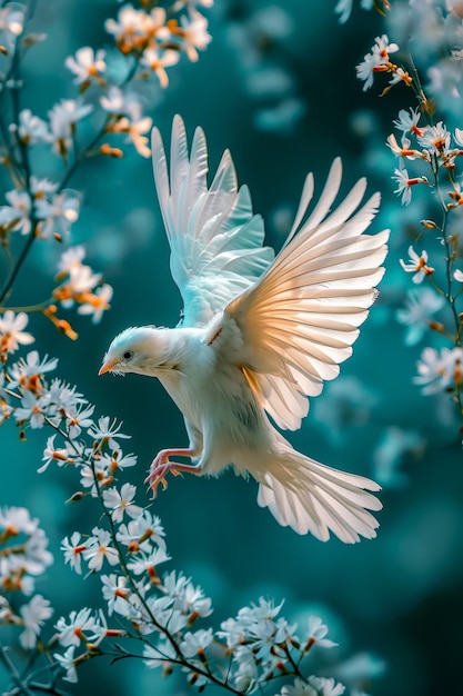 Un pájaro blanco con las alas extendidas está volando sobre un árbol lleno de flores amarillas