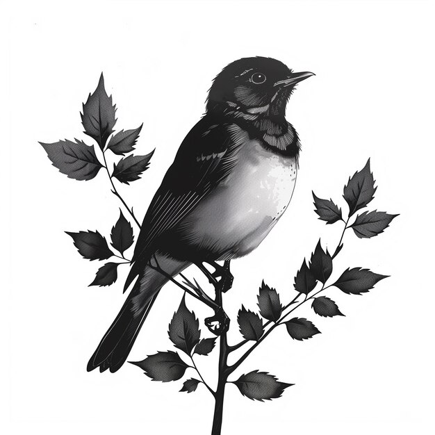 Foto pájaro blanco y negro inspirado en la naturaleza con clip art de hojas