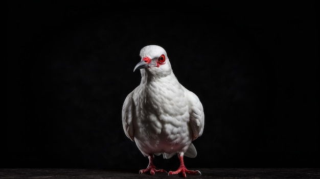 Un pájaro blanco con ojos rojos está de pie en una pierna