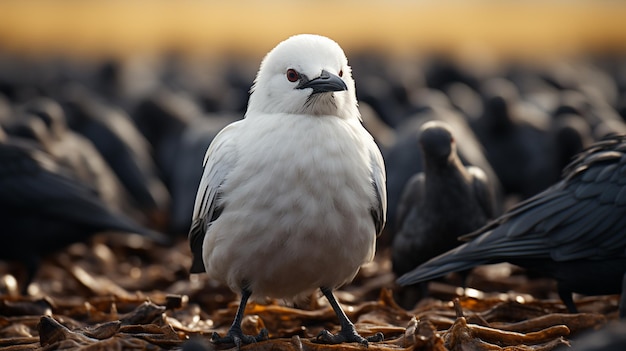 Pájaro blanco de pie entre pájaros negros