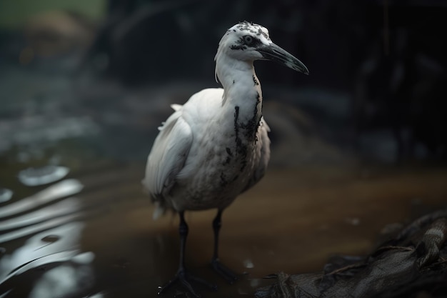 Pájaro blanco sucio parado en un charco fangoso Problema ecológico contaminación ambiental IA generativa
