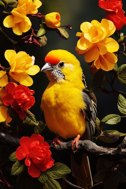 Un pájaro con cabeza amarilla y plumas rojas se sienta en una rama con una flor al fondo