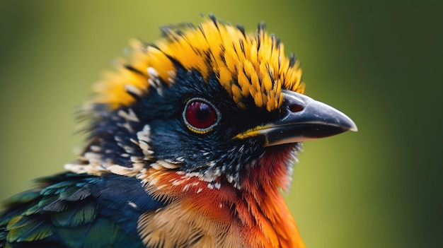 Un pájaro de cabeza amarilla y plumas rojas.