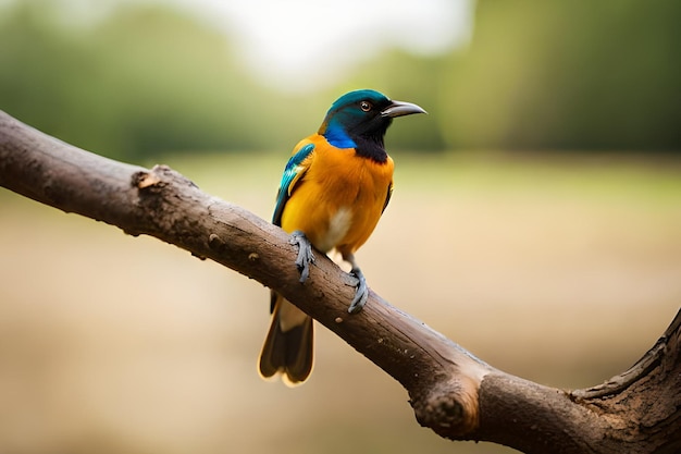 Un pájaro con cabeza azul y alas azules se sienta en una rama.