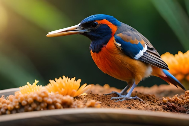 Un pájaro con cabeza azul y alas naranjas se encuentra en una maceta.