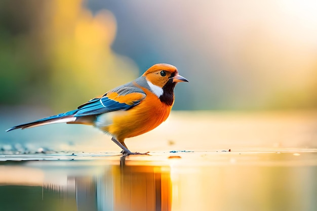 Un pájaro con cabeza azul y alas naranjas se encuentra sobre una superficie húmeda.