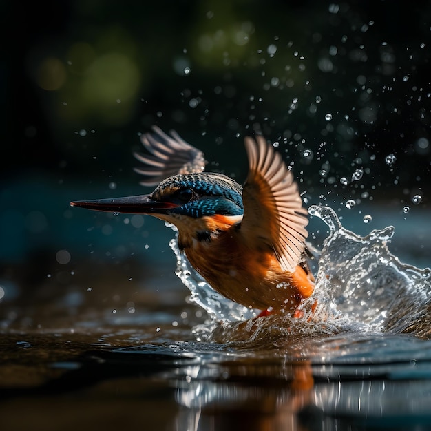 Un pájaro de cabeza azul y alas naranjas vuela en el agua.