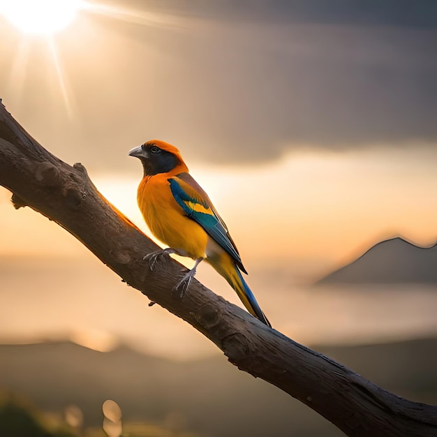 Un pájaro con una cabeza azul y amarilla se sienta en una rama.