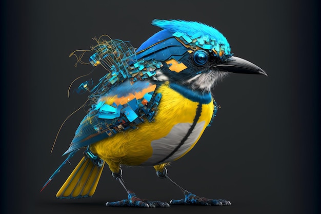 Un pájaro con cabeza azul y cabeza y alas amarillas.