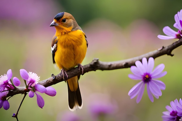 Un pájaro con la cabeza azul y negro en la cabeza se sienta en una rama con flores de color púrpura en el fondo.