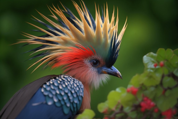 Un pájaro con una cabeza colorida y una corona azul en la cabeza.