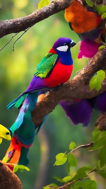 Foto un pájaro con cabeza colorida y plumas coloridas está sentado en una rama en el bosque pájaro del amor