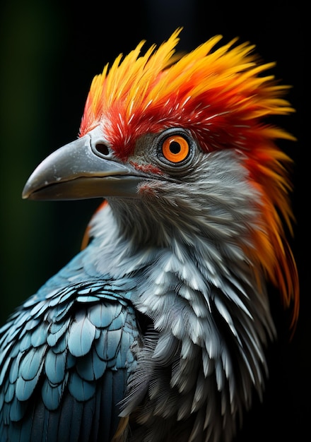 un pájaro con una cabeza colorida y plumas naranjas y amarillas