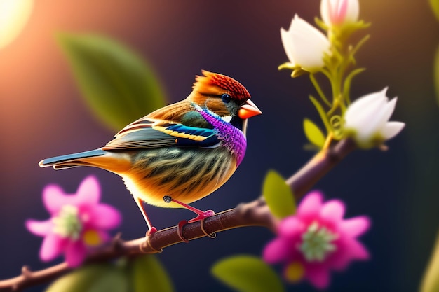 Un pájaro con cabeza morada y alas moradas se sienta en una rama con flores rosas.