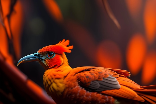 Un pájaro con cabeza naranja brillante y plumas rojas.