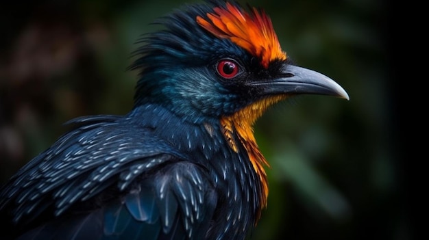 Un pájaro con cabeza roja y negra y plumas naranjas.