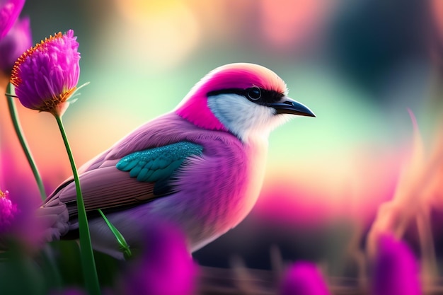 Foto un pájaro con la cabeza rosa se sienta en un jardín con una flor morada.