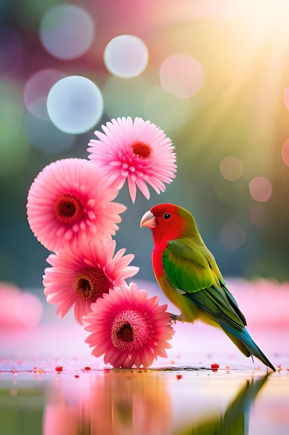 Un pájaro con la cabeza verde se sienta en una flor.