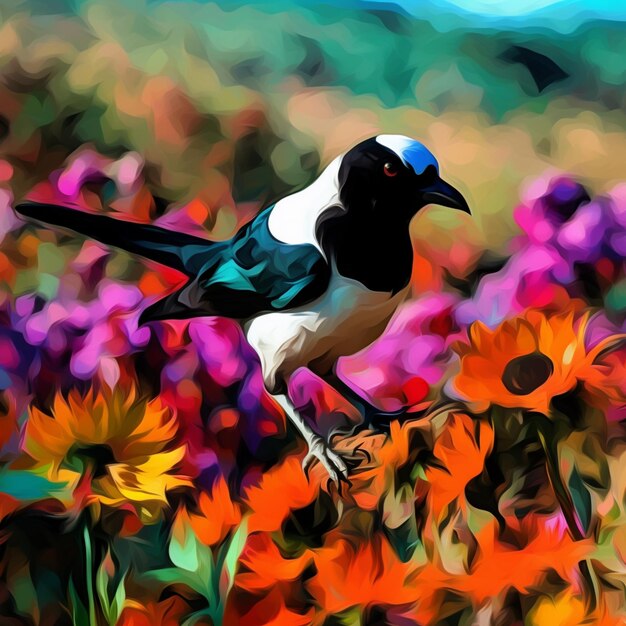 Un pájaro en un campo de flores con un fondo azul.