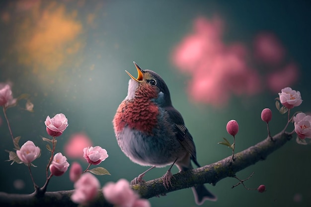 Un pájaro cantando en una rama con flores de fondo