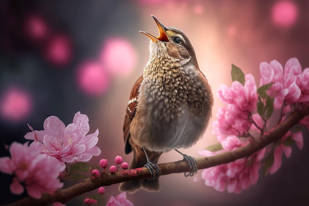 Un pájaro cantando en una rama con flores rosas.