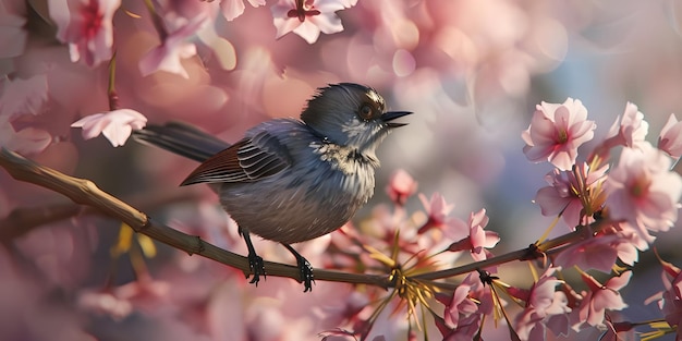 Pájaro cantor en el fondo de las flores de cerezo Generado por Ai