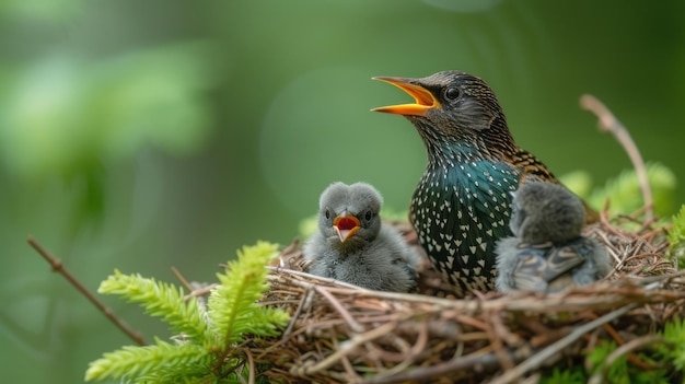 El pájaro cantor Sturnus vulgaris vuela a la madriguera para alimentar a los polluelos mendigos con la boca abierta