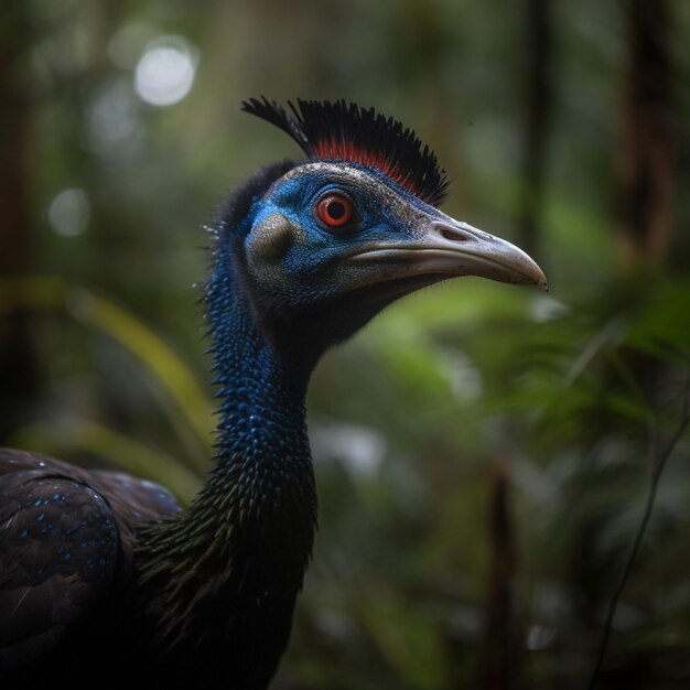 Un pájaro de cara azul y ojos rojos está en el bosque.