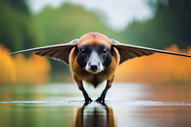 Foto un pájaro con una cara marrón y una cara negra está de pie en el agua