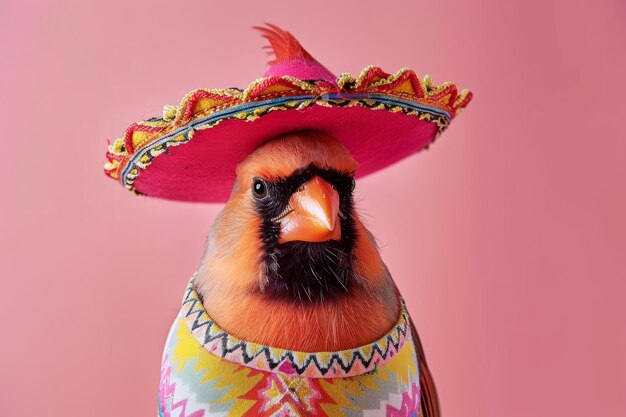 Un pájaro cardenal vestido con un sombrero mexicano y una toma de estudio de ropa