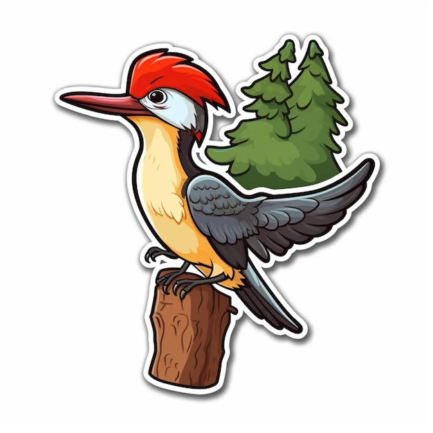 pájaro caricaturizado con pino en el tronco pegatina generativa ai
