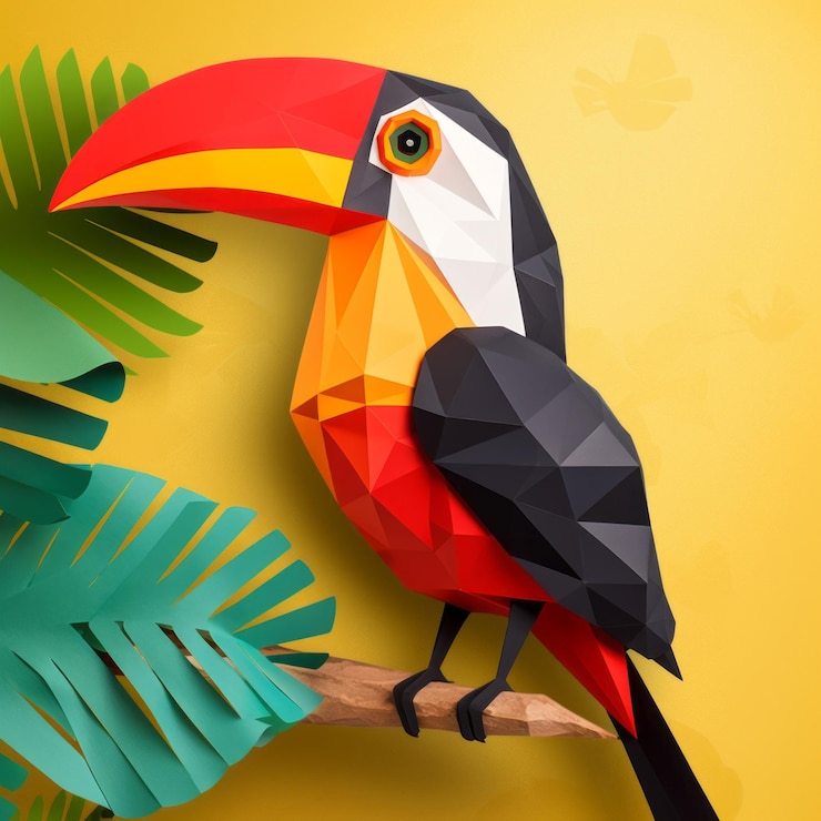 Foto el pájaro carpintero es una artesanía de papel de bajo poli estilo toucan en la rama