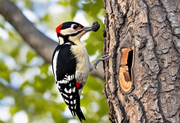 Foto un pájaro carpintero picoteando un árbol