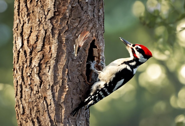 un pájaro carpintero picoteando un árbol