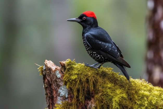 Un pájaro carpintero de vientre rojo se sienta en un tocón de árbol cubierto de musgo.